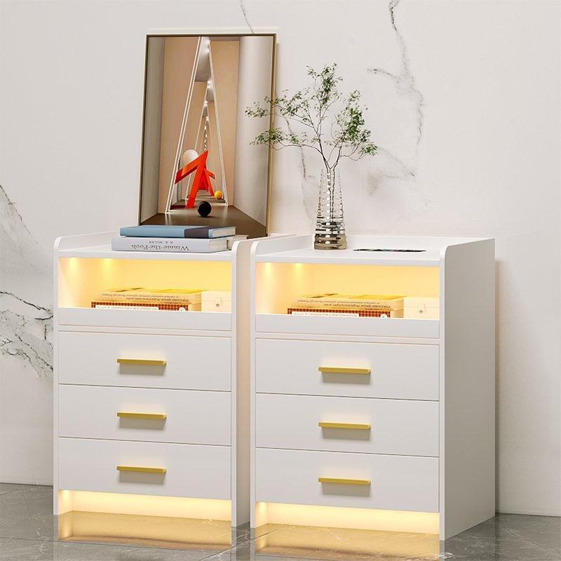Beyaz MDF LED Işıklı ve Kablosuz Şarjlı 3 Çekmeceli İkili Komodin Seti - 224560