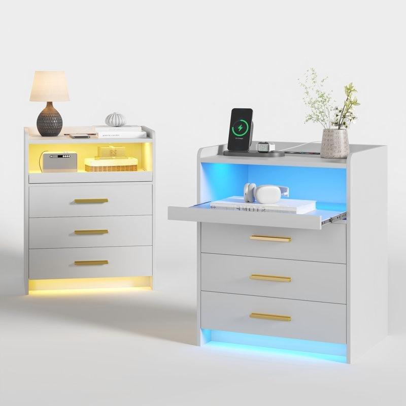 Beyaz MDF LED Işıklı ve Kablosuz Şarjlı 3 Çekmeceli İkili Komodin Seti - 224560