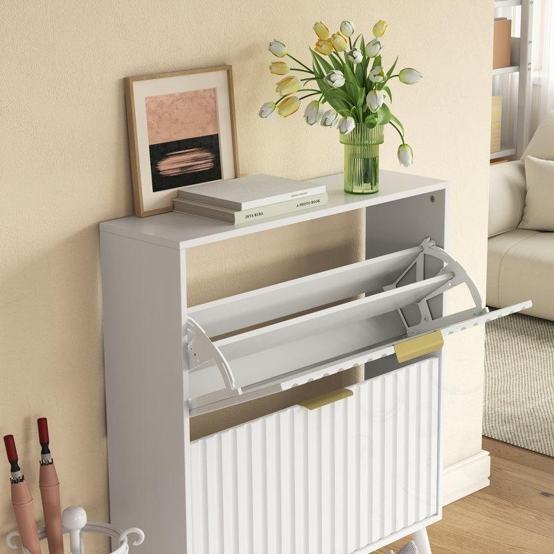 Beyaz MDF Masif Ahşap Ayaklı Düşer Kapaklı Ayakkabılık - 81x24x95 cm - 227869