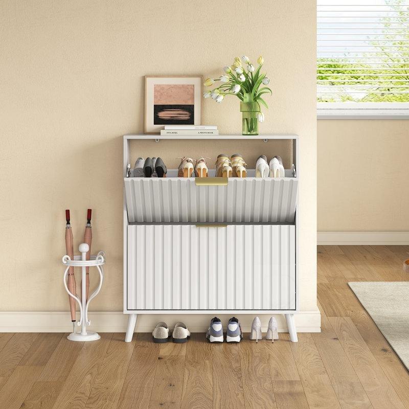 Beyaz MDF Masif Ahşap Ayaklı Düşer Kapaklı Ayakkabılık - 81x24x95 cm - 227869