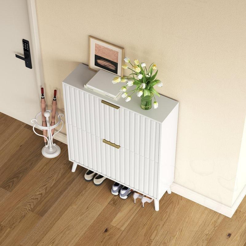 Beyaz MDF Masif Ahşap Ayaklı Düşer Kapaklı Ayakkabılık - 81x24x95 cm - 227869
