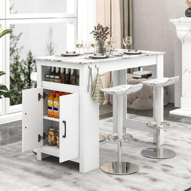 Beyaz MDF Mermer Desenli Dolaplı Bar Masası - 120 cm - 231913