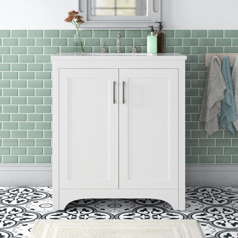 Beyaz MDF Mermer Desenli Tezgahlı Ayaklı Banyo Lavabo Dolabı - 77 cm - 201849