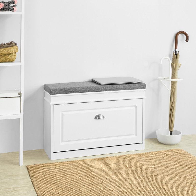 Beyaz MDF Minderli Kapaklı Çekmeceli Ayakkabılık Puf - 75 cm - 164884