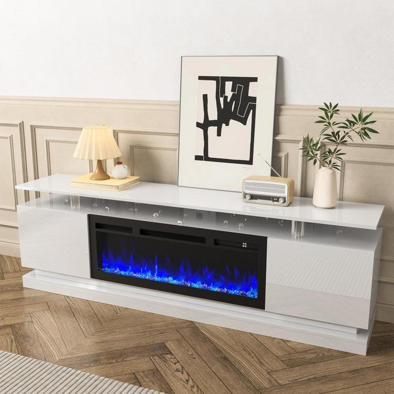 Beyaz MDF Parlak Yüzeyli LED Aydınlatmalı Elektrikli Şömineli TV Ünitesi - 180 cm - 221646