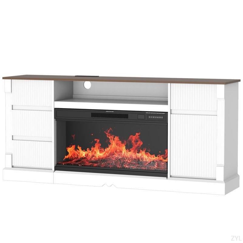 Beyaz MDF Prizli LED Aydınlatmalı Elektrikli Şömineli Tv Ünitesi - 177 cm - 219906