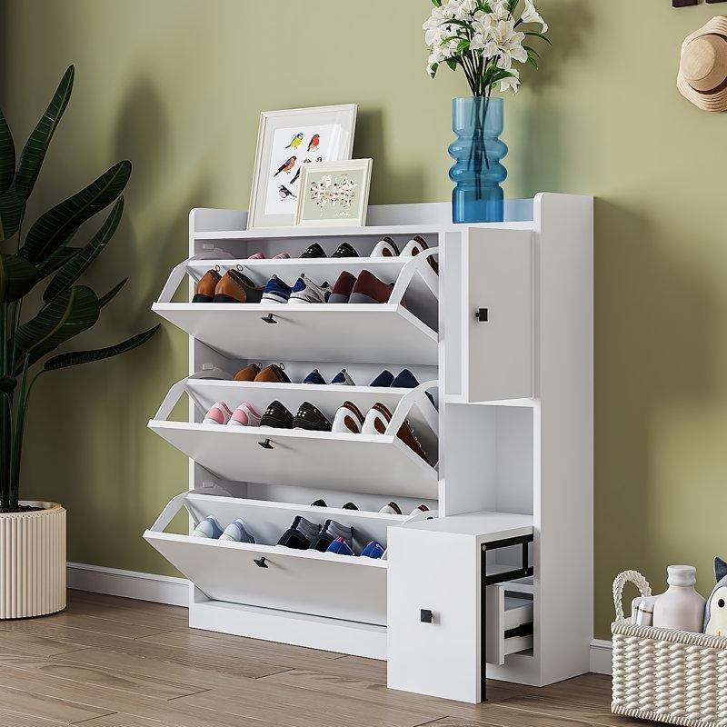 Beyaz MDF Puflu ve Çekmeceli Düşer Kapaklı Ayakkabılık - 120 cm - 228672