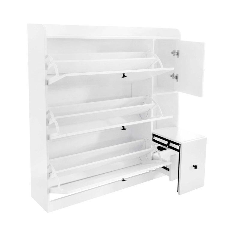 Beyaz MDF Puflu ve Çekmeceli Düşer Kapaklı Ayakkabılık - 120 cm - 228672