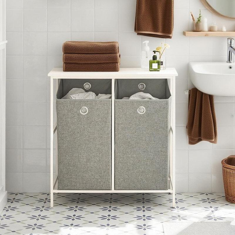 Beyaz MDF Raflı İki Bölmeli Devrilir Kapaklı Dolaplı Çamaşır Sepeti - 77x39x81 cm - 187572