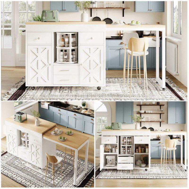 Beyaz MDF Raflı Tekerlekli Açılır Bar Masası - 110-180x40x91 cm - 232438