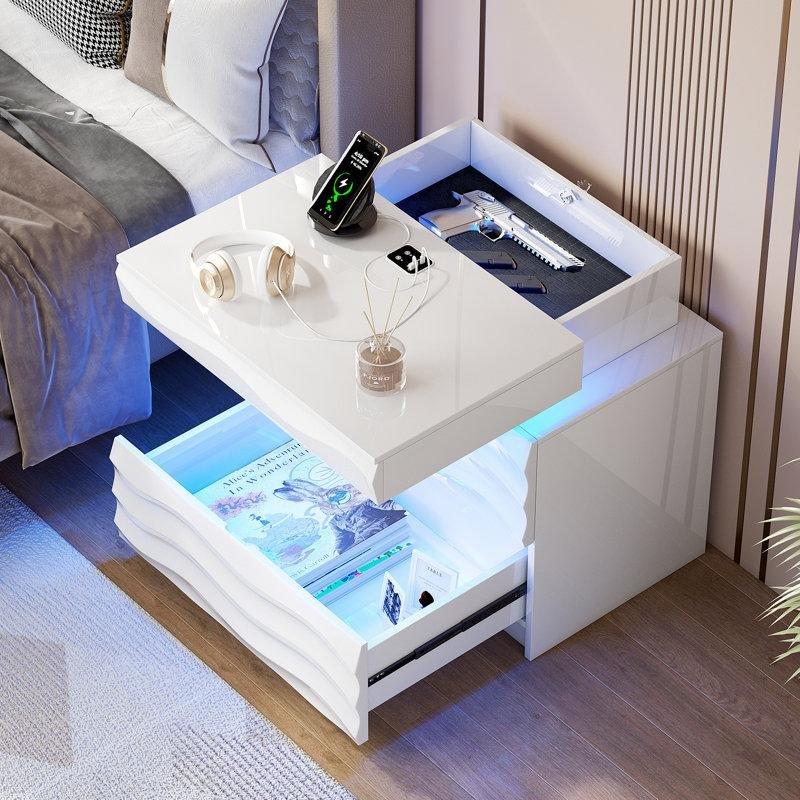 Beyaz MDF Sensörlü LED Aydınlatmalı USB Girişli ve Gizli Bölmeli Akıllı Komodin - 223108