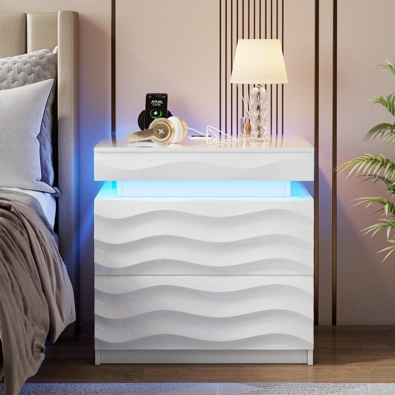 Beyaz MDF Sensörlü LED Aydınlatmalı USB Girişli ve Gizli Bölmeli Akıllı Komodin - 223108