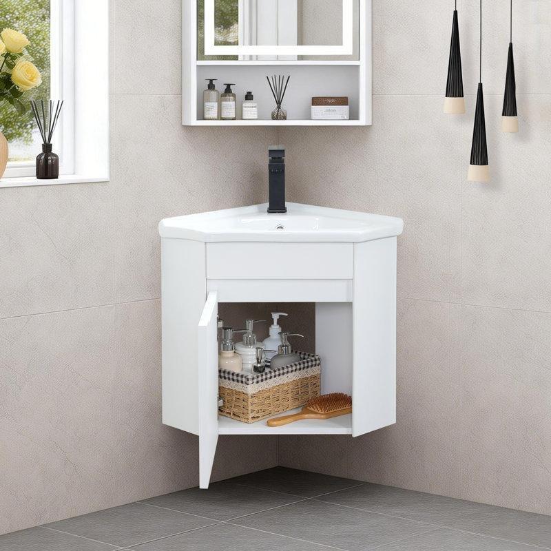 Beyaz MDF Seramik Tezgahlı Duvara Monte Köşe Banyo Lavabo Dolabı - 56 cm - 198599