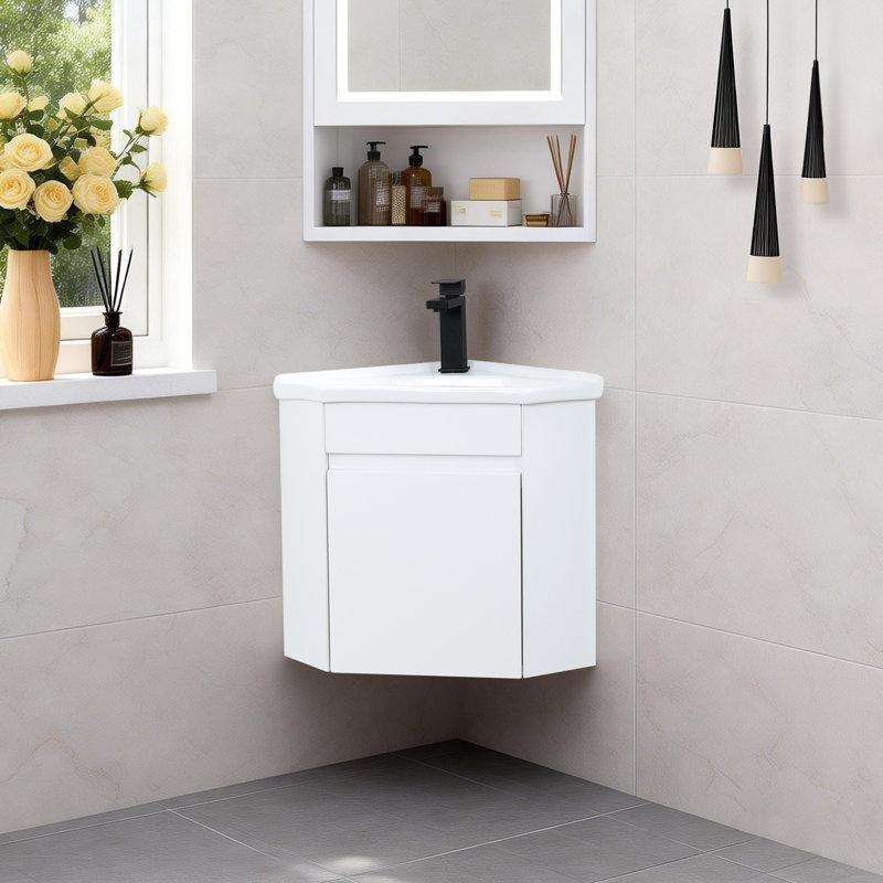 Beyaz MDF Seramik Tezgahlı Duvara Monte Köşe Banyo Lavabo Dolabı - 56 cm - 198599