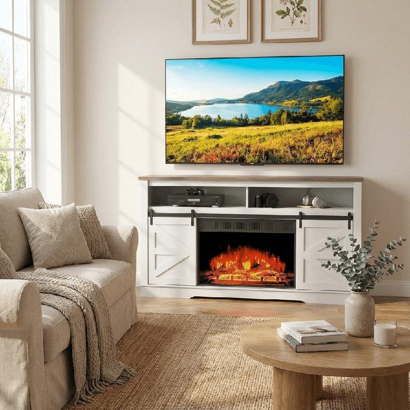 Beyaz MDF Sürgülü Ahır Kapılı Elektrikli Şömineli TV Ünitesi - 150 cm - 222506