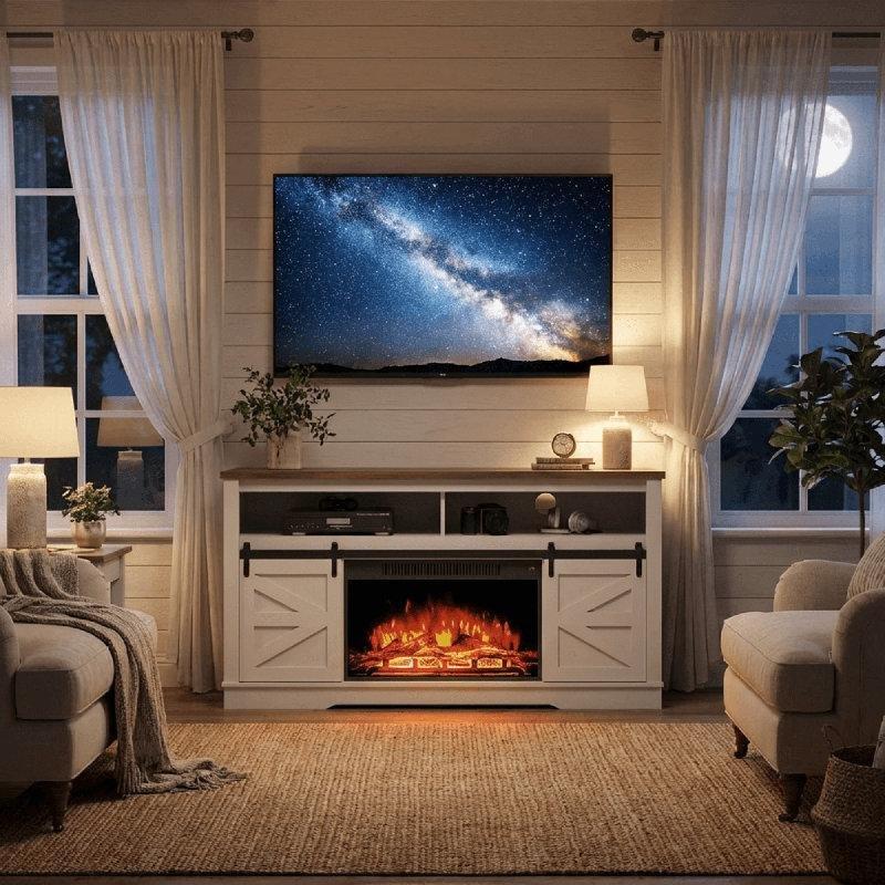 Beyaz MDF Sürgülü Ahır Kapılı Elektrikli Şömineli TV Ünitesi - 150 cm - 222506