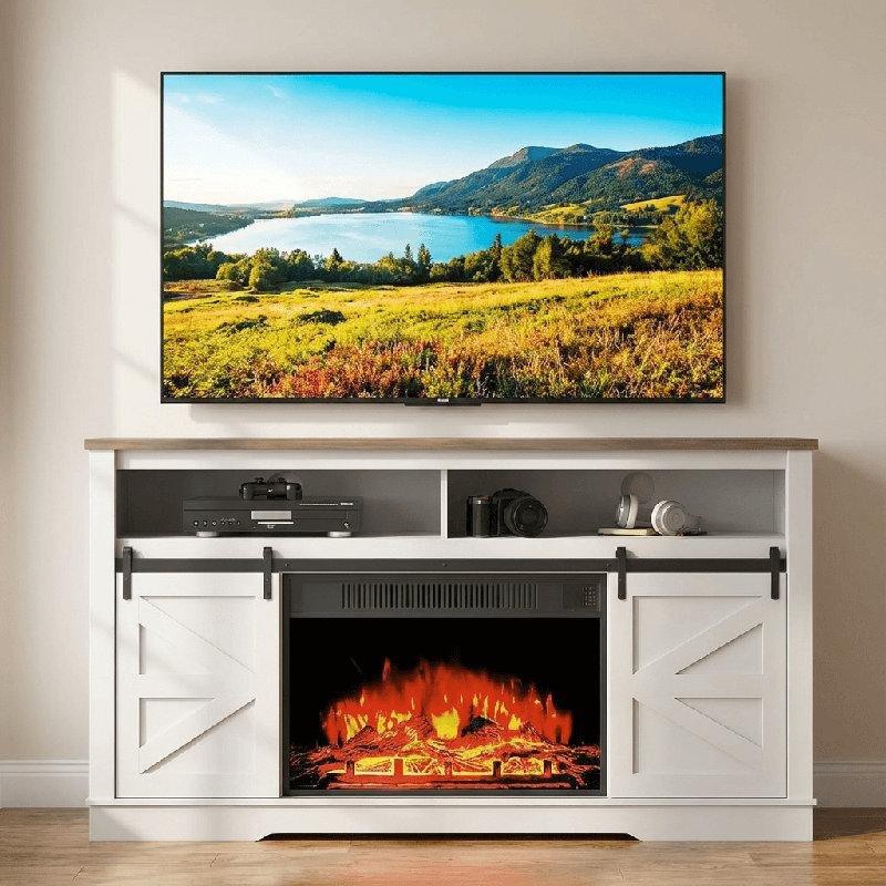Beyaz MDF Sürgülü Ahır Kapılı Elektrikli Şömineli TV Ünitesi - 150 cm - 222506