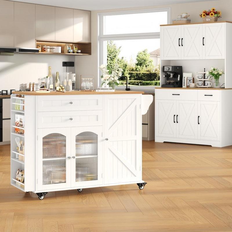 Beyaz MDF Tekerlekli ve Açılır Tezgahlı Mutfak Adası - 120 cm - 176442