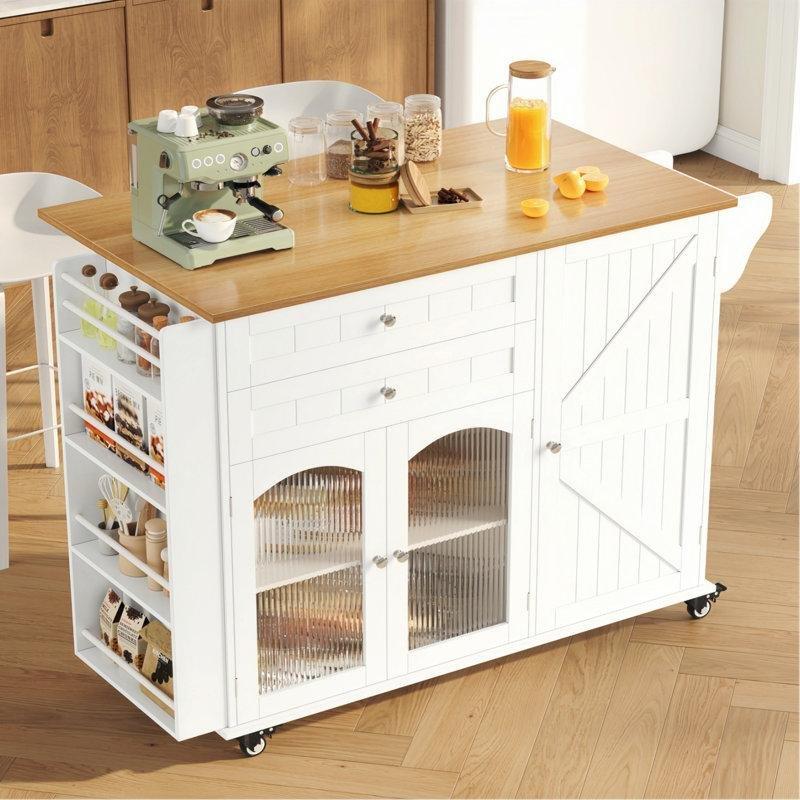 Beyaz MDF Tekerlekli ve Açılır Tezgahlı Mutfak Adası - 120 cm - 176442