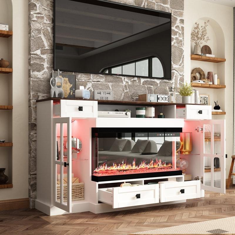 Beyaz MDF Uzaktan Kumandalı 12 Renk Alevli ve RGB Aydınlatmalı Şömineli TV Ünitesi - 141 cm - 220597