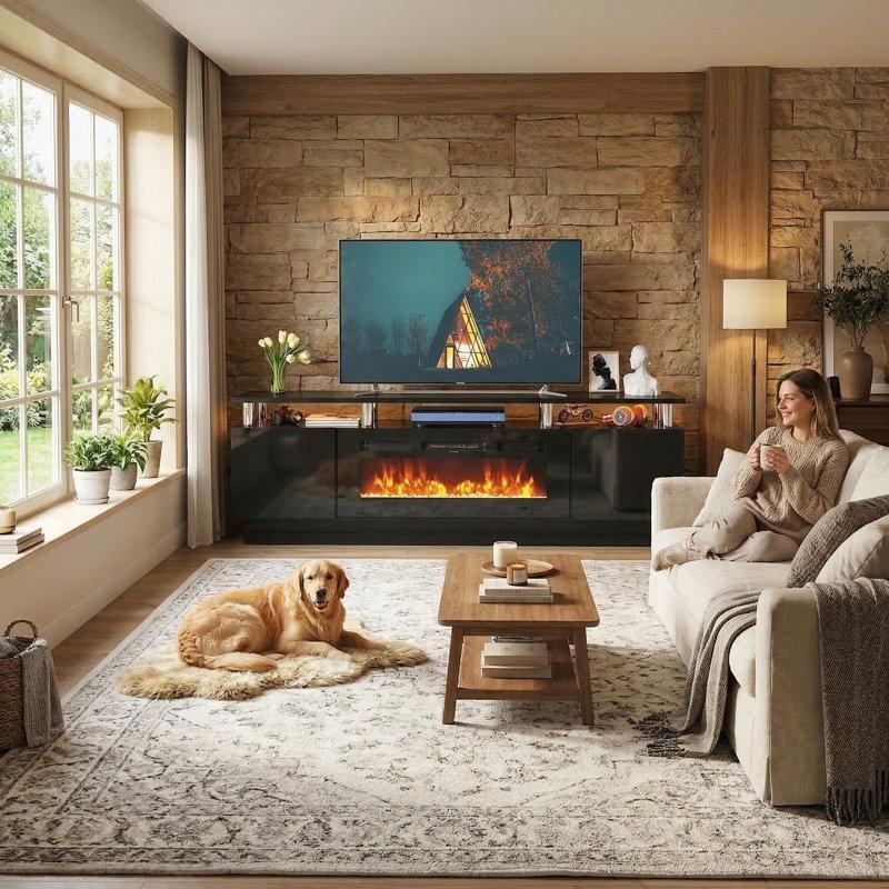 Beyaz MDF Uzaktan Kumandalı LED Aydınlatmalı ve Şömineli TV Ünitesi - 178 cm - 221738