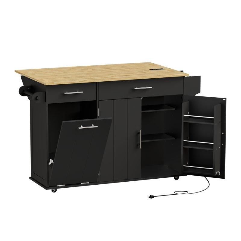 Beyaz MDF ve Kauçuk Ağacı Tekerlekli Açılır Tezgahlı Prizli Mutfak Adası - 121 cm - 176457