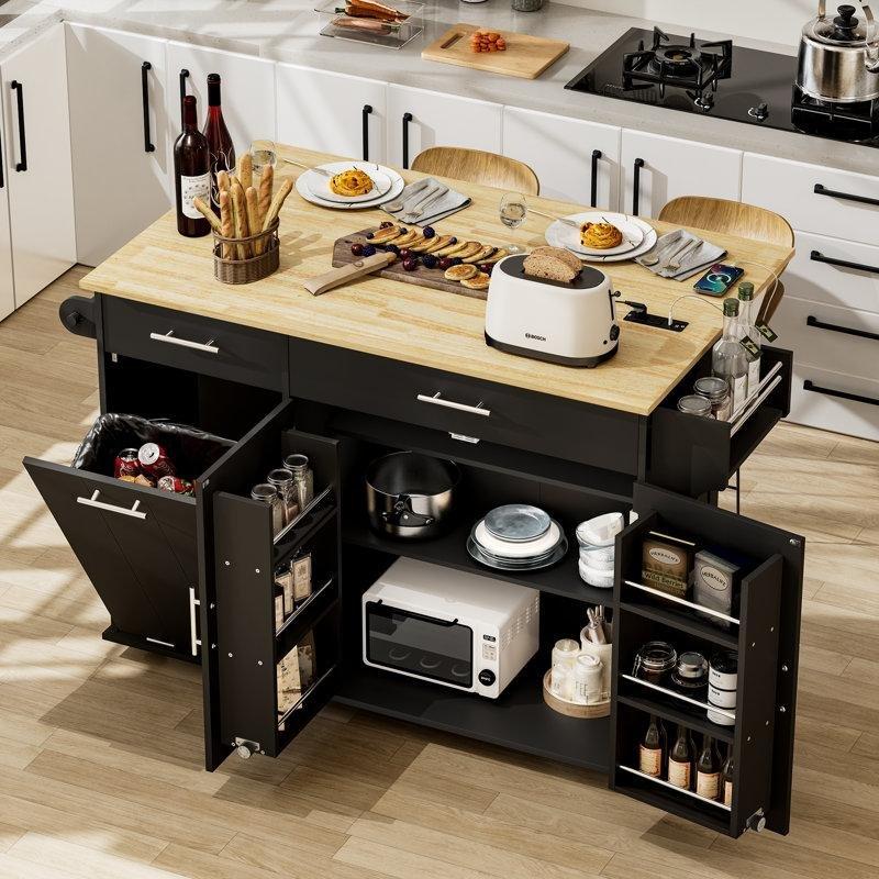 Beyaz MDF ve Kauçuk Ağacı Tekerlekli Açılır Tezgahlı Prizli Mutfak Adası - 121 cm - 176457