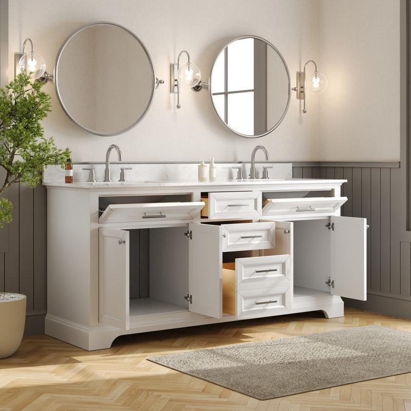 Beyaz MDF ve Masif Ahşap Çift Lavabolu Montajsız Banyo Lavabo Dolabı - 183 cm - 199924