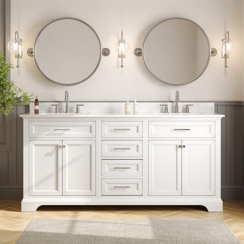 Beyaz MDF ve Masif Ahşap Çift Lavabolu Montajsız Banyo Lavabo Dolabı - 183 cm - 199924