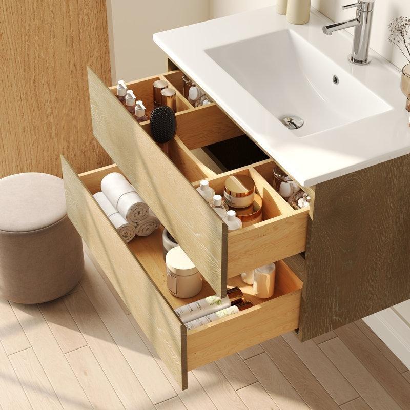 Beyaz MDF ve Masif Ahşap Duvara Monte Çekmeceli Seramik Lavabolu Banyo Dolabı - 77 cm - 198441