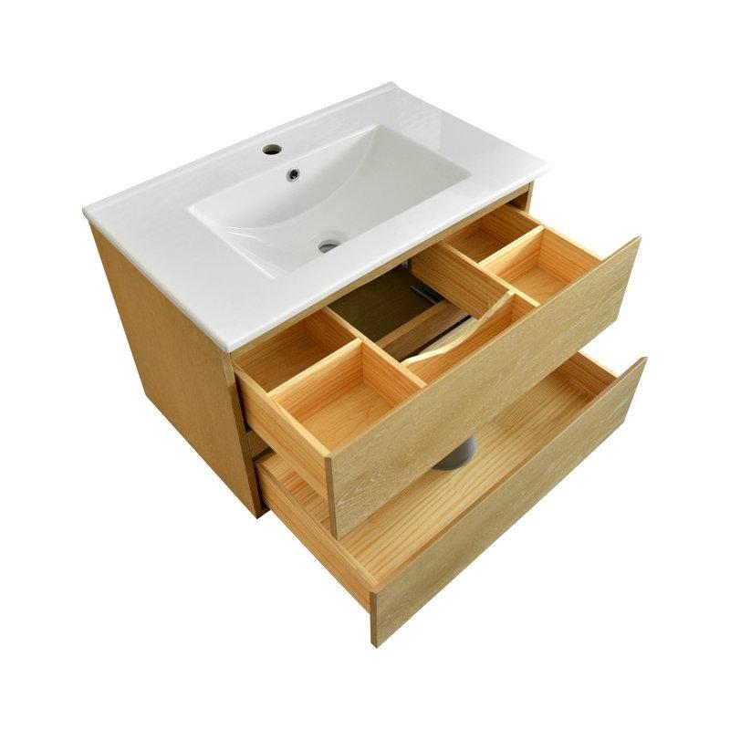 Beyaz MDF ve Masif Ahşap Duvara Monte Çekmeceli Seramik Lavabolu Banyo Dolabı - 77 cm - 198441