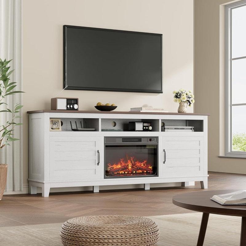 Beyaz MDF ve Masif Ahşap Şömineli Ayarlanabilir Raflı TV Ünitesi - 181 cm - 221131