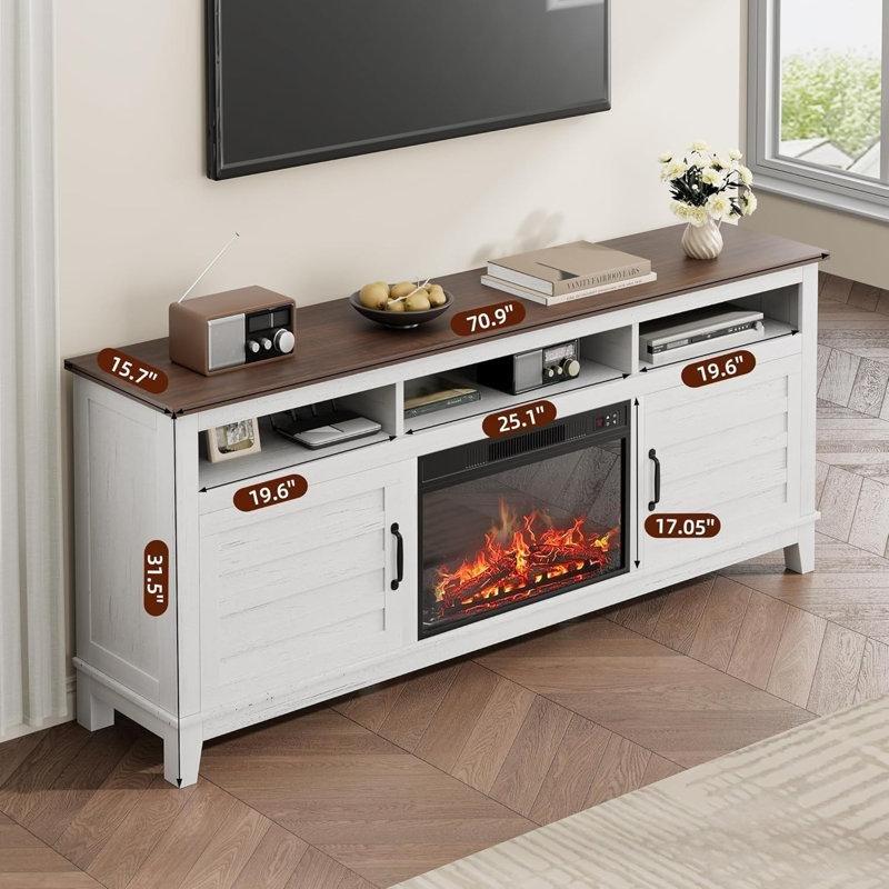Beyaz MDF ve Masif Ahşap Şömineli Ayarlanabilir Raflı TV Ünitesi - 181 cm - 221131