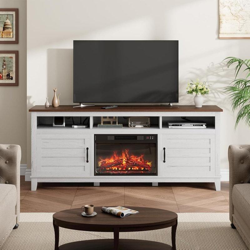 Beyaz MDF ve Masif Ahşap Şömineli Ayarlanabilir Raflı TV Ünitesi - 181 cm - 221131