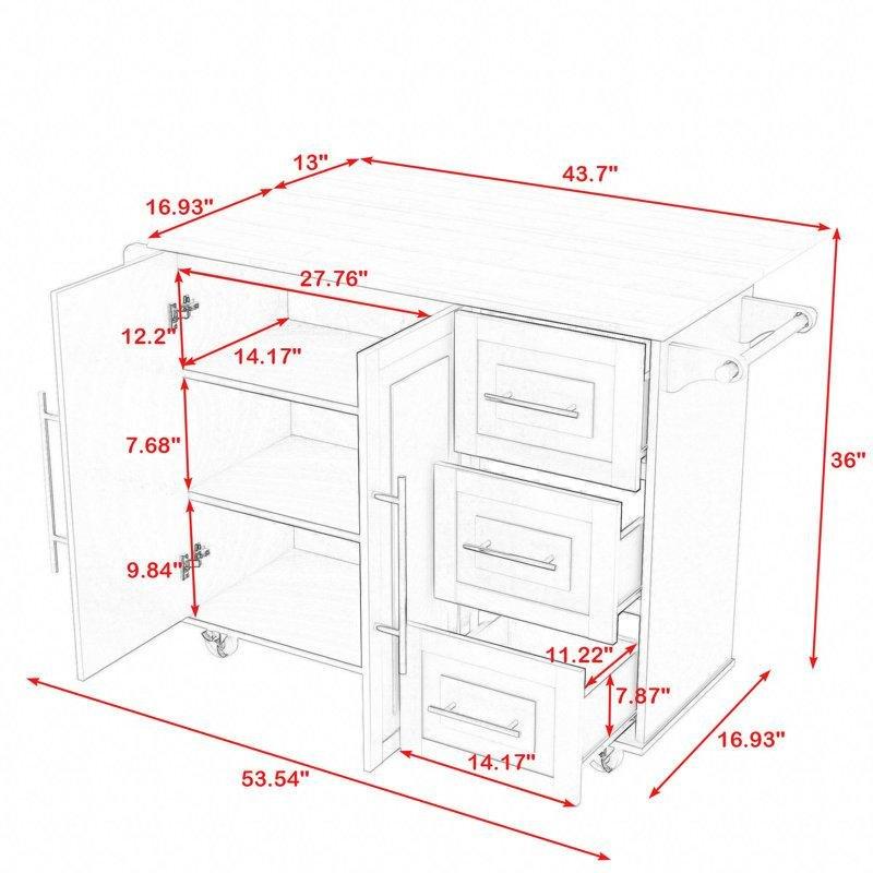 Beyaz MDF ve Masif Ahşap Tekerlekli Açılır Kapanır Çekmeceli Mutfak Adası - 111 cm - 176357