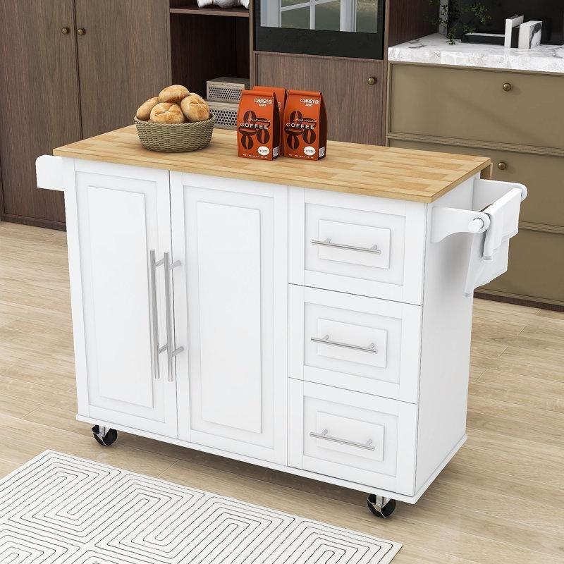 Beyaz MDF ve Masif Ahşap Tekerlekli Açılır Kapanır Çekmeceli Mutfak Adası - 111 cm - 176357