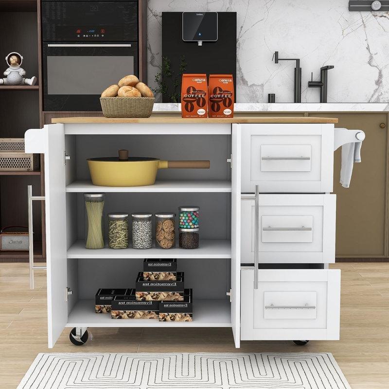 Beyaz MDF ve Masif Ahşap Tekerlekli Açılır Kapanır Çekmeceli Mutfak Adası - 111 cm - 176357