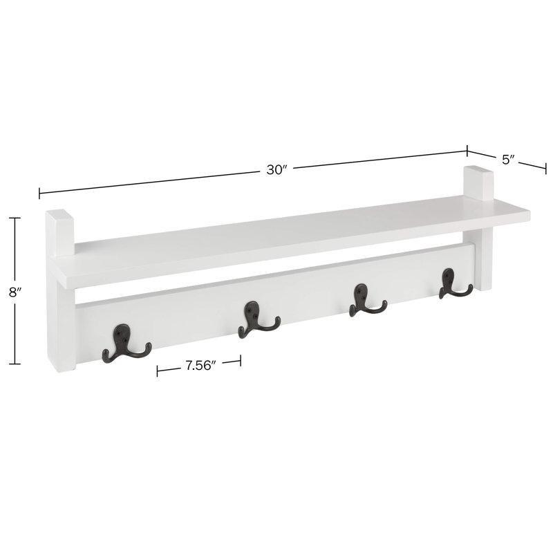 Beyaz MDF ve Metal 4 Kancalı Eskitme Tasarım Askılı Duvar Rafı - 77 cm - 179438