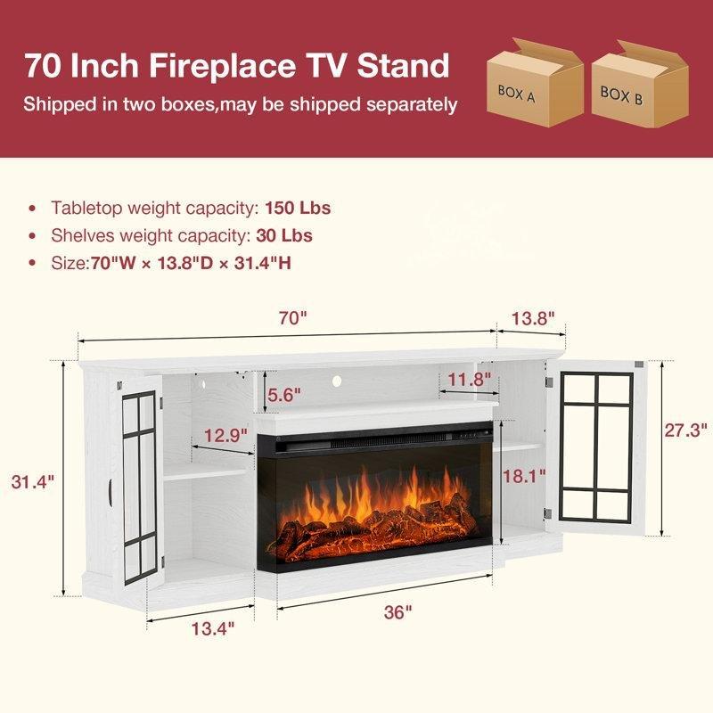 Beyaz MDF ve Sunta LED Aydınlatmalı 3 Taraflı Cam Şömineli TV Ünitesi - 178 cm - 221489