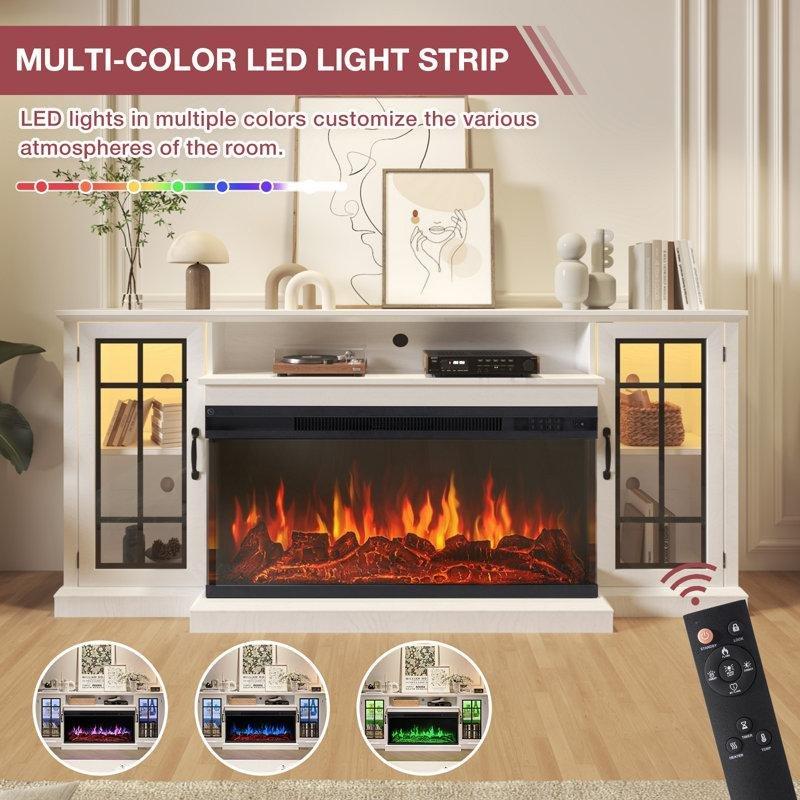 Beyaz MDF ve Sunta LED Aydınlatmalı 3 Taraflı Cam Şömineli TV Ünitesi - 178 cm - 221489
