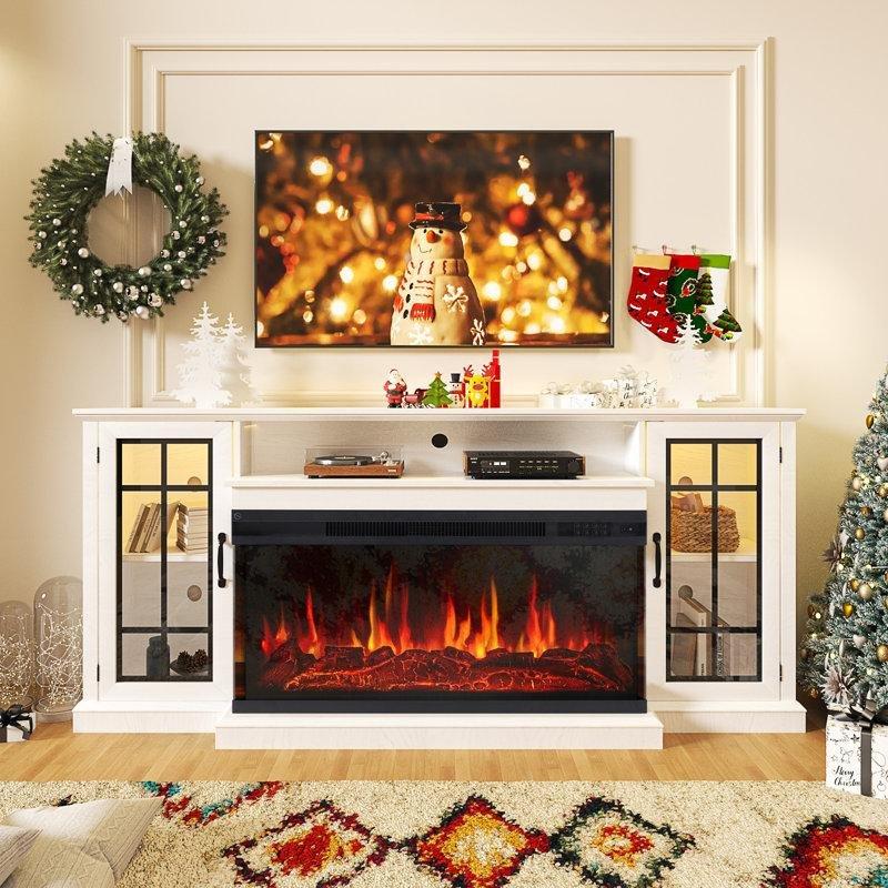 Beyaz MDF ve Sunta LED Aydınlatmalı 3 Taraflı Cam Şömineli TV Ünitesi - 178 cm - 221489