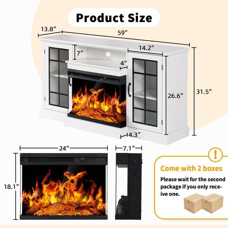 Beyaz MDF ve Suntalam 3 Taraflı Camlı Elektrikli Şömineli LED Işıklı TV Ünitesi - 150 cm - 221704
