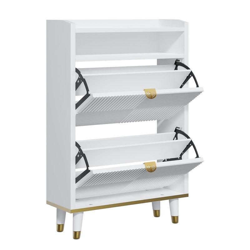 Beyaz MDF Yivli Gold Kulplu Düşer Kapaklı Ayakkabılık - 60x25x101 cm - 227936