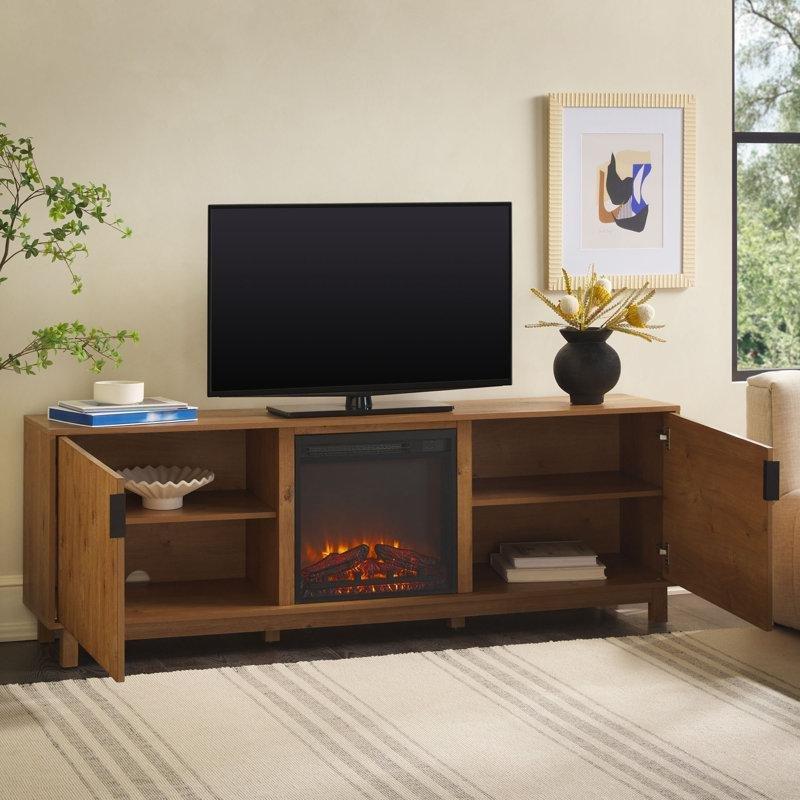 Beyaz MDF Yivli Kapaklı Şömineli Tv Ünitesi - 178 cm - 221430