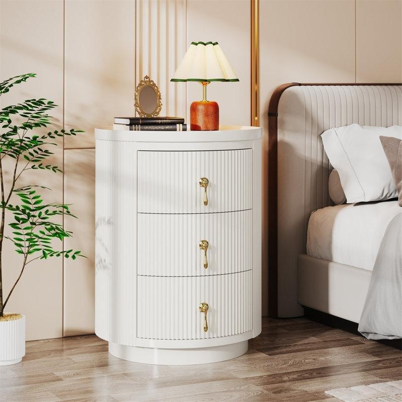 Beyaz MDF Yuvarlak Üç Çekmeceli Gold Kulplu Komodin - 41x41x54 cm - 224063