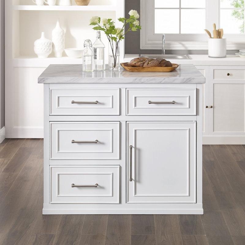 Beyaz Mermer Desenli Çekmeceli ve Dolaplı Ahşap Mutfak Adası - 107 cm - 176402