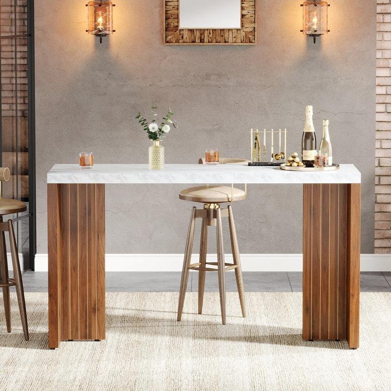 Beyaz Mermer Desenli Ceviz T Ayaklı Dikdörtgen Bar Masası - 140x50 cm - 231447