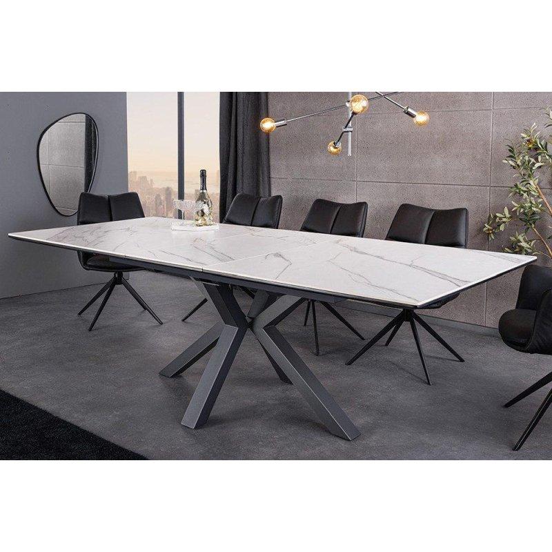 Beyaz Mermer Görünümlü Seramik Açılabilir Siyah Metal Ayaklı Bohem Yemek Masası - 160-200 cm - 236454