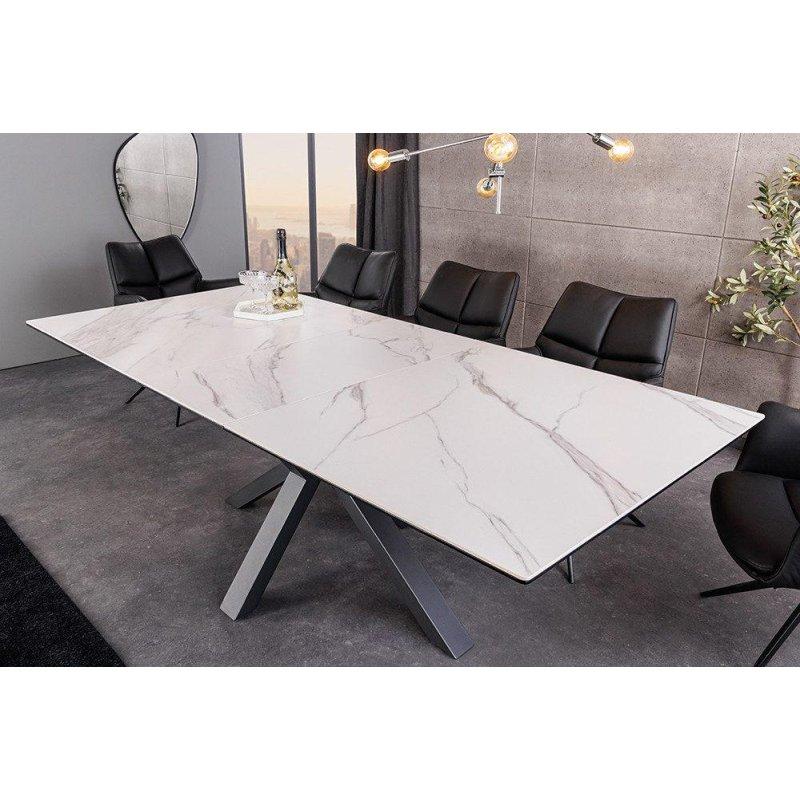 Beyaz Mermer Görünümlü Seramik Açılabilir Siyah Metal Ayaklı Bohem Yemek Masası - 160-200 cm - 236454