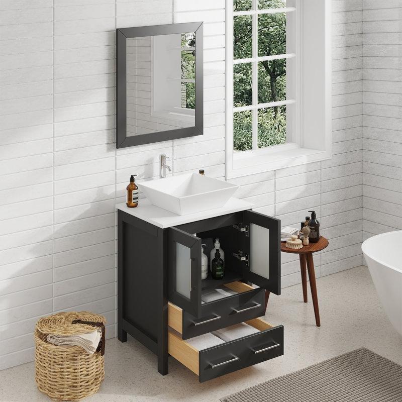 Beyaz Mermer Kompozit Tezgahlı Masif Ahşap Aynalı Çekmeceli Ayaklı Banyo Lavabo Dolabı - 61 cm - 200903